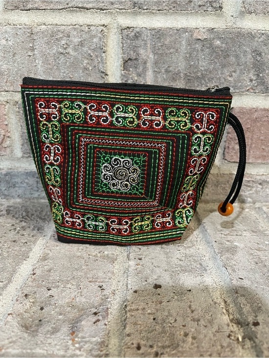 Handbags - Hand-Embroidered Black Cosmetic Pouch with Green & Red Accents